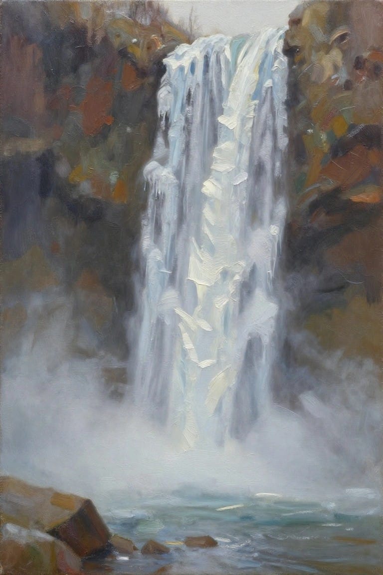 Oil painting of cascading waterfall over rocky cliffs with autumn foliage and mist.