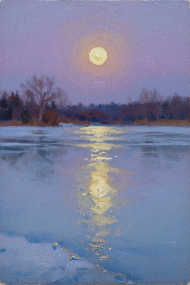 Impressionistic painting of bright moon reflecting on frozen blue lake under purple sky