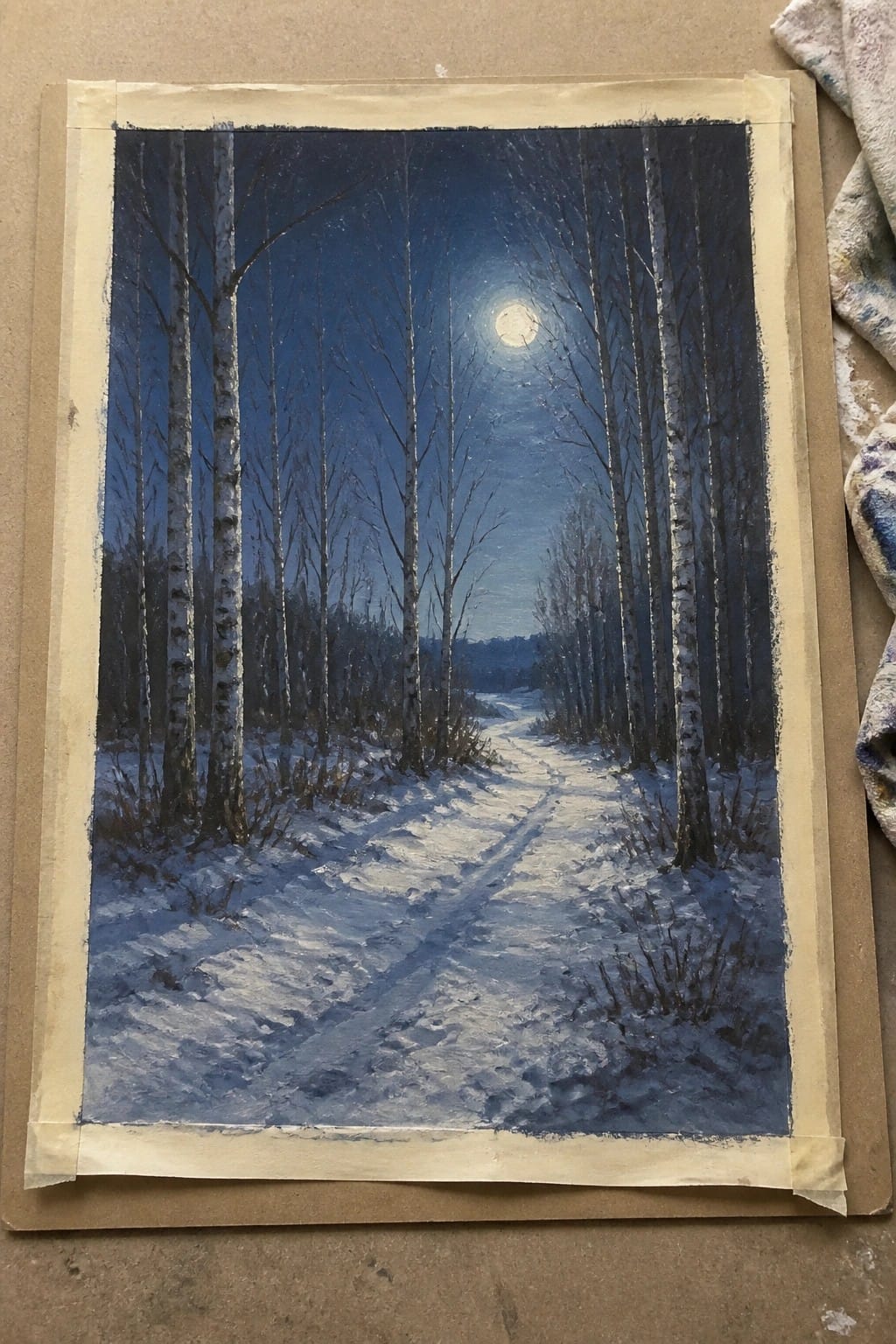 Snowy path winding through moonlit birch forest under dark blue night sky