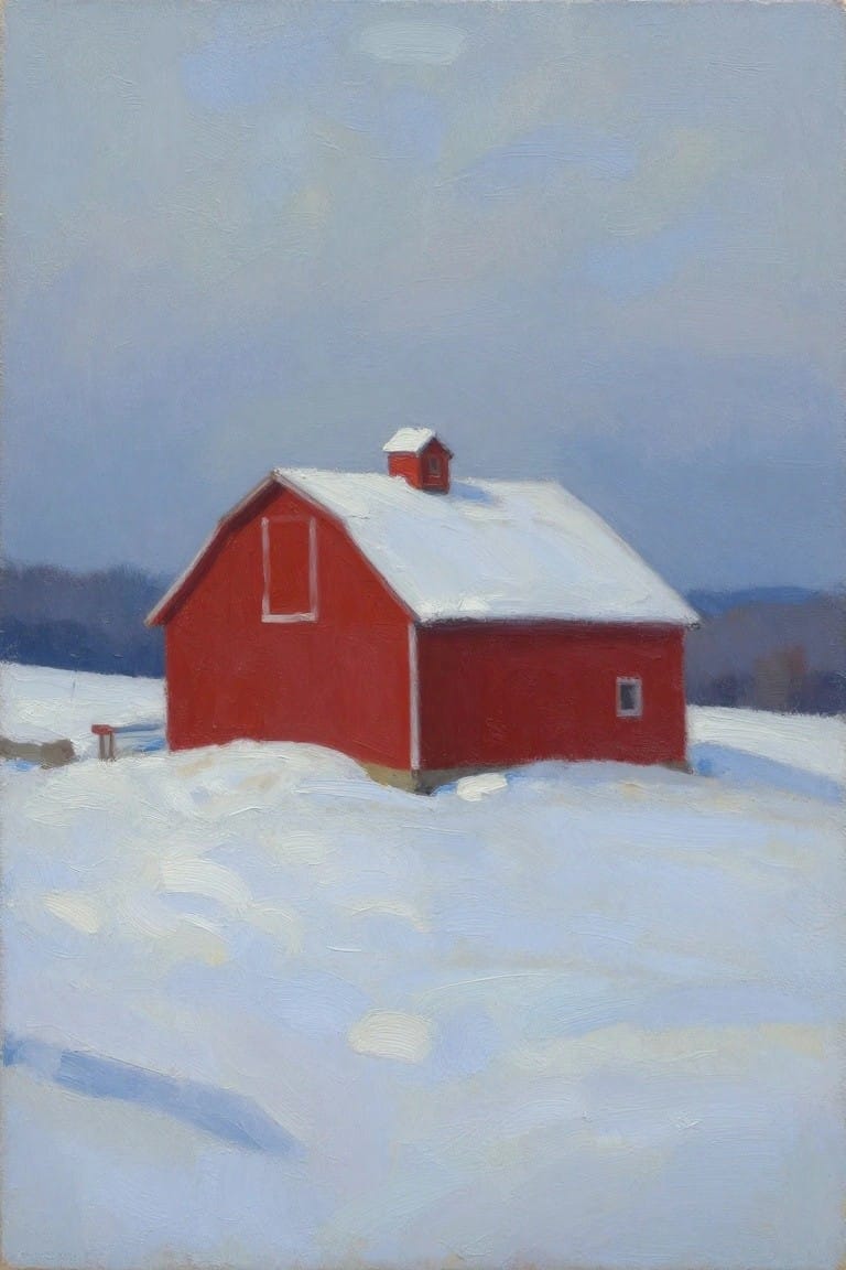 Red barn with snow-covered roof in vast snowy field under blue sky.