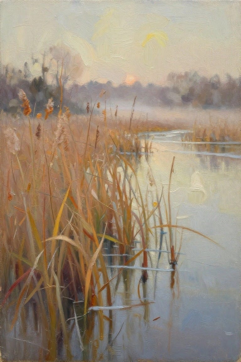 Tall golden reeds in misty marsh waters under soft sunrise glow