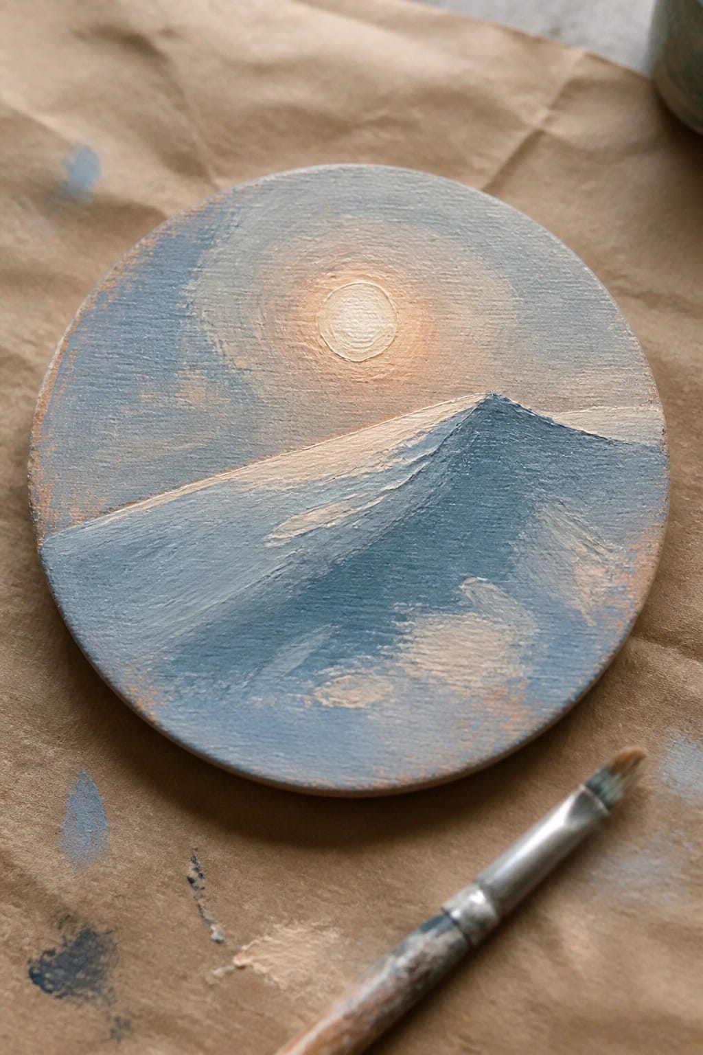 Circular blue mountain landscape painting on brown paper beside paintbrush