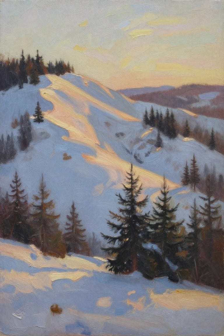 Sunlit snow-covered hills with pine trees under a golden winter sky, oil painting
