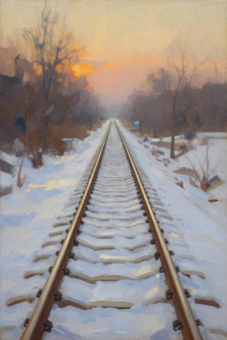Snowy railroad tracks recede through bare trees under an orange sunset sky
