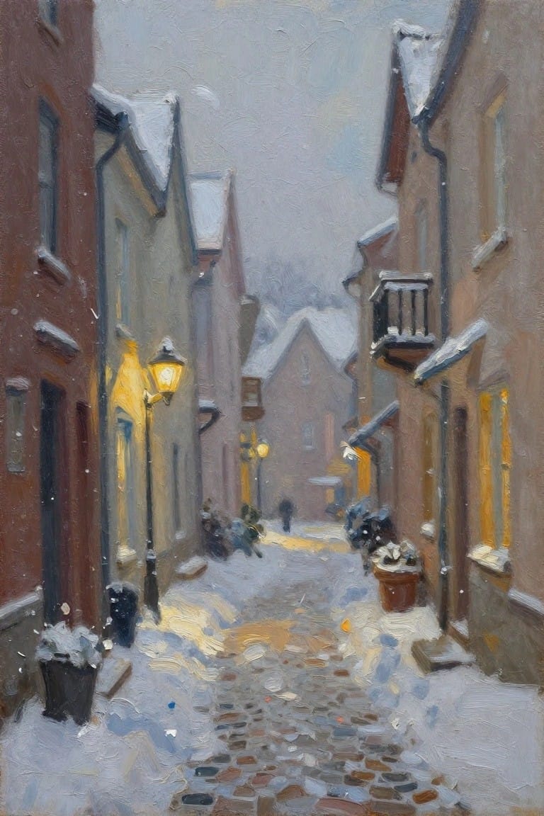 Snowy cobblestone street with glowing lamps between snow-covered buildings at dusk