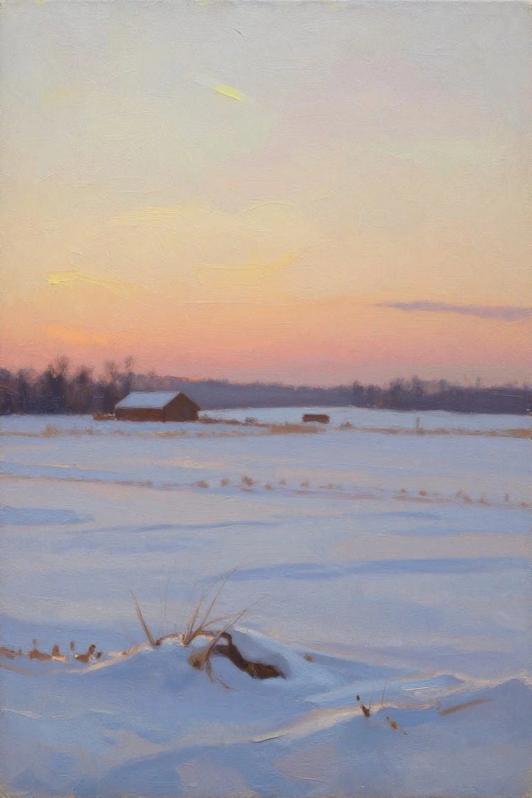 Snowy field with barn under pink-orange sunset sky in pastel painting