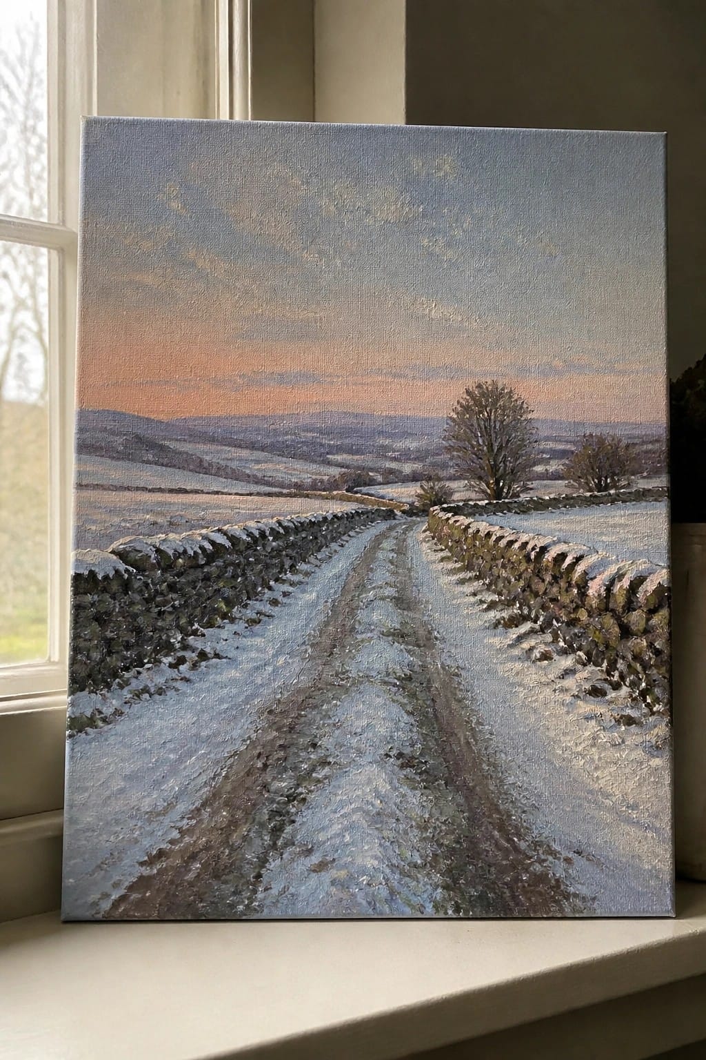 Realistic painting of snowy lane between stone walls under orange sunset sky on sill
