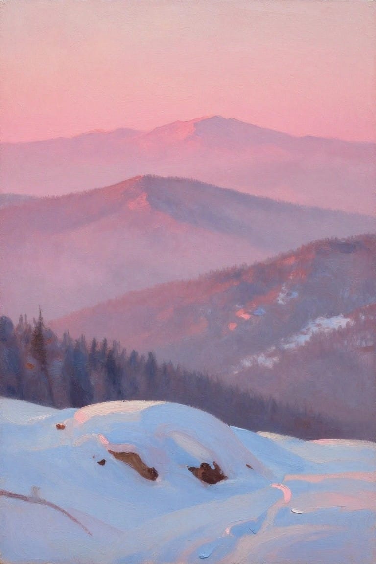 Snowy hills and misty peaks glow pink under hazy twilight sky with dark trees