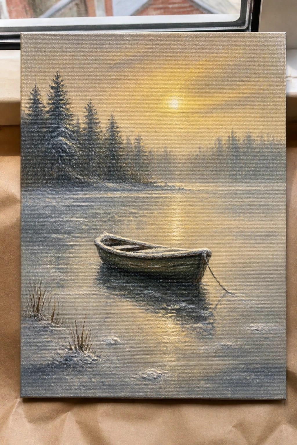 Small rowboat on misty frozen lake at golden sunset with snowy pines