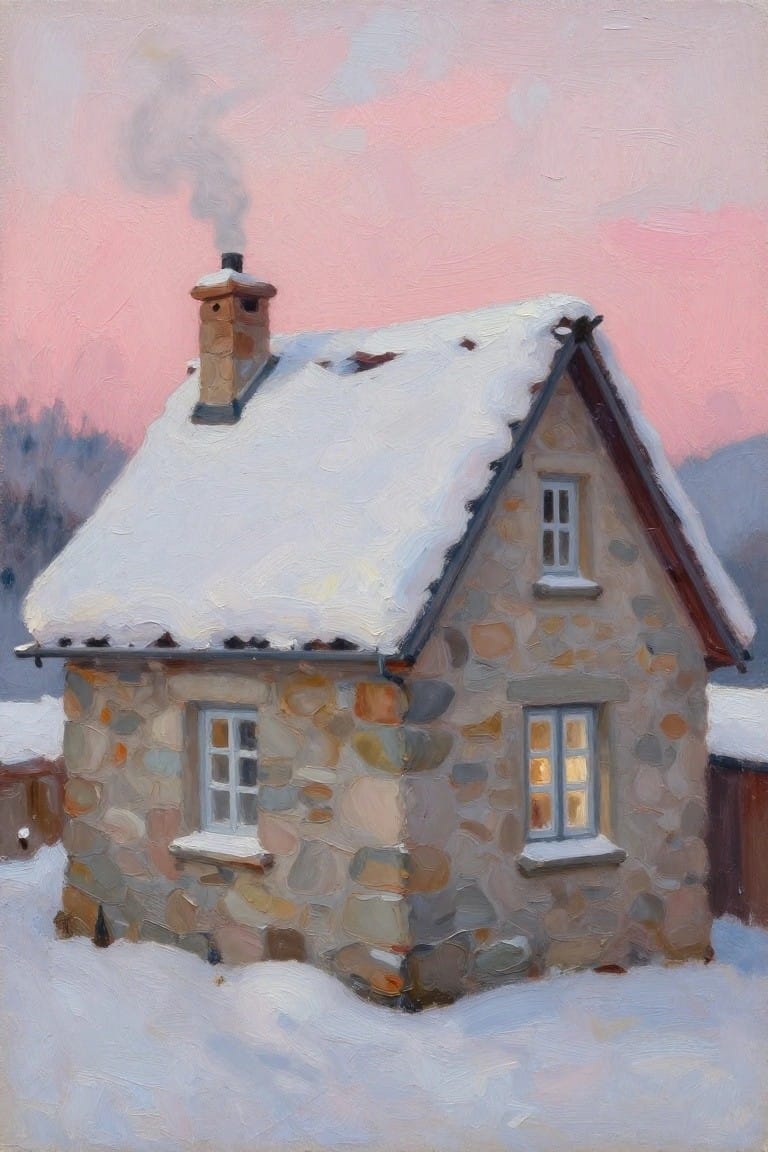 Snow-covered stone cottage with glowing windows and smoking chimney under pink sky.