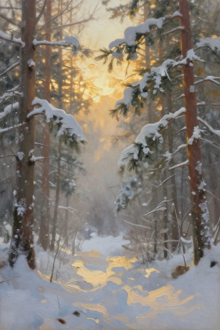 Sunlit path winds through snow-laden pines in a misty golden winter forest