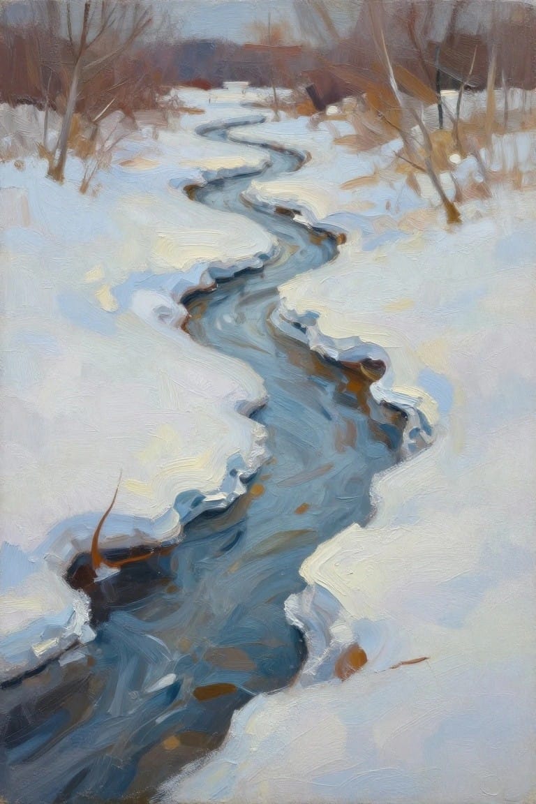 Winding blue stream flowing through snowy banks with bare winter trees