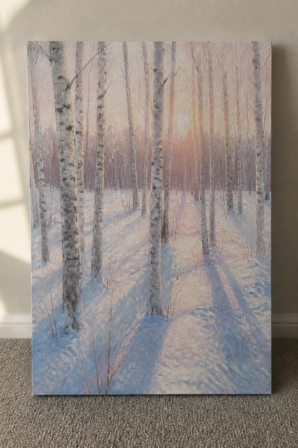 An oil painting of tall birch trees in a snowy forest with long shadows and a soft pinkish glow on the horizon.