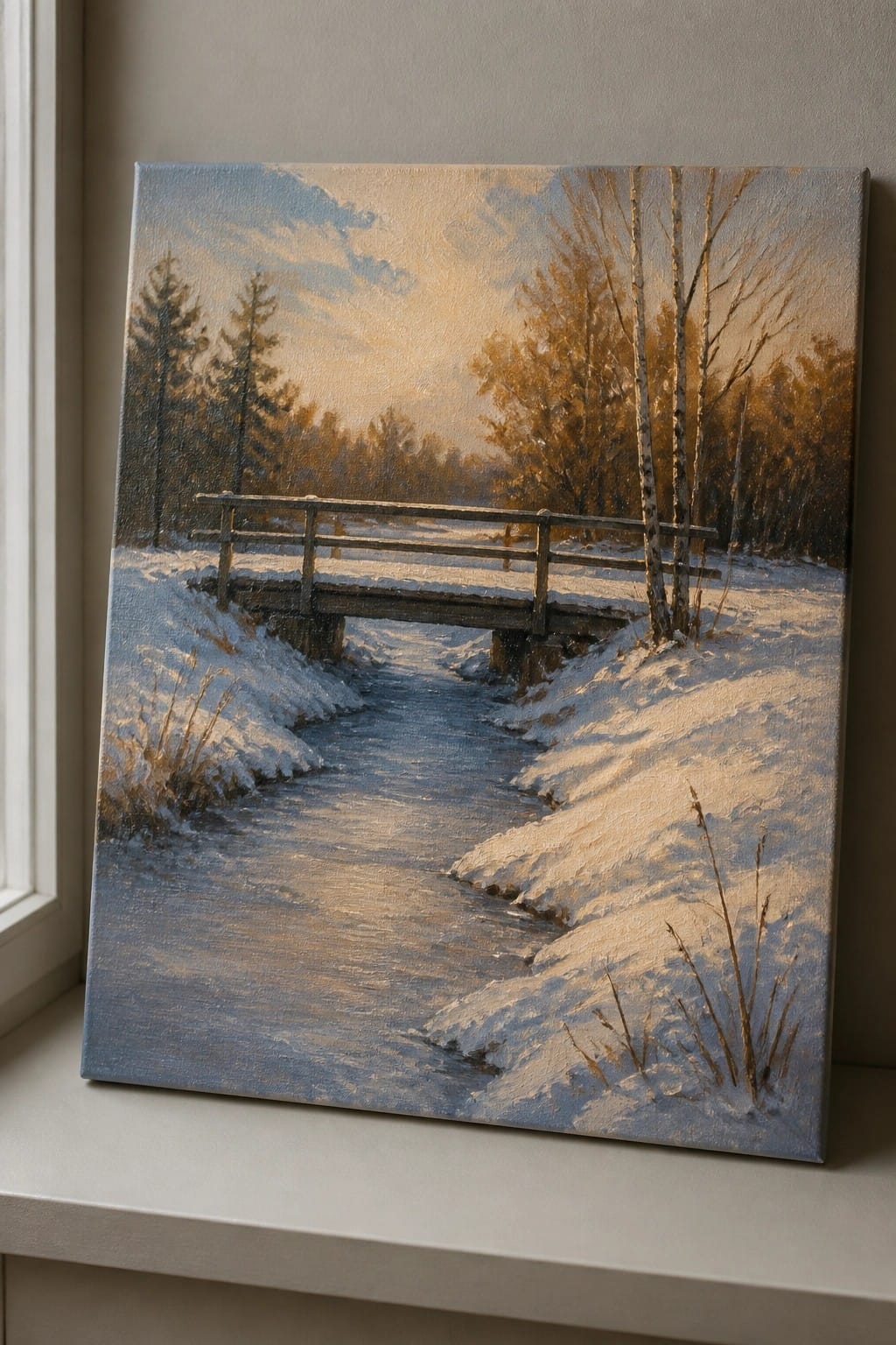 Realistic oil painting of wooden bridge over snowy stream with golden sunset light and bare trees