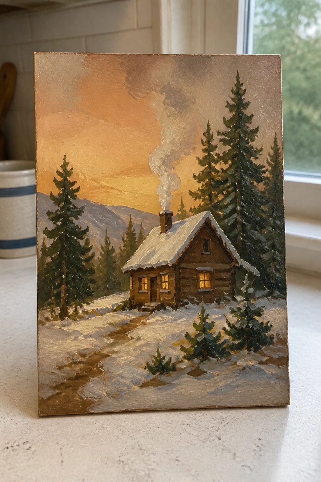 An oil painting of a wooden cabin in snow with lit windows, smoke from chimney, surrounded by pine trees under an orange sky.