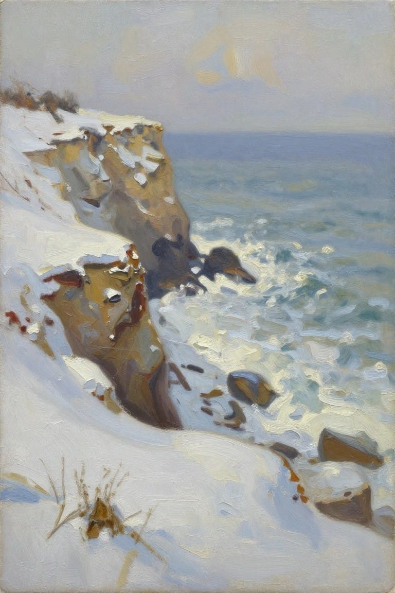 An oil painting of snow-covered cliffs beside a blue ocean with white waves breaking on rocks under a pale sky.