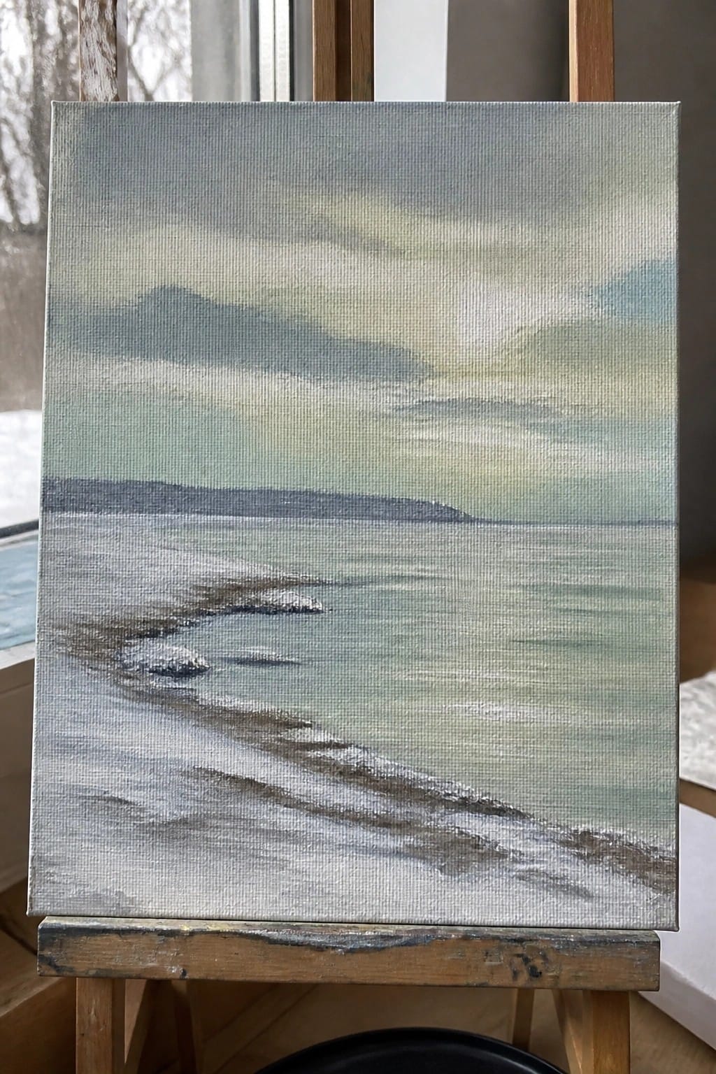 Seascape painting on wooden easel with gray waves, whitecaps, and hazy hills