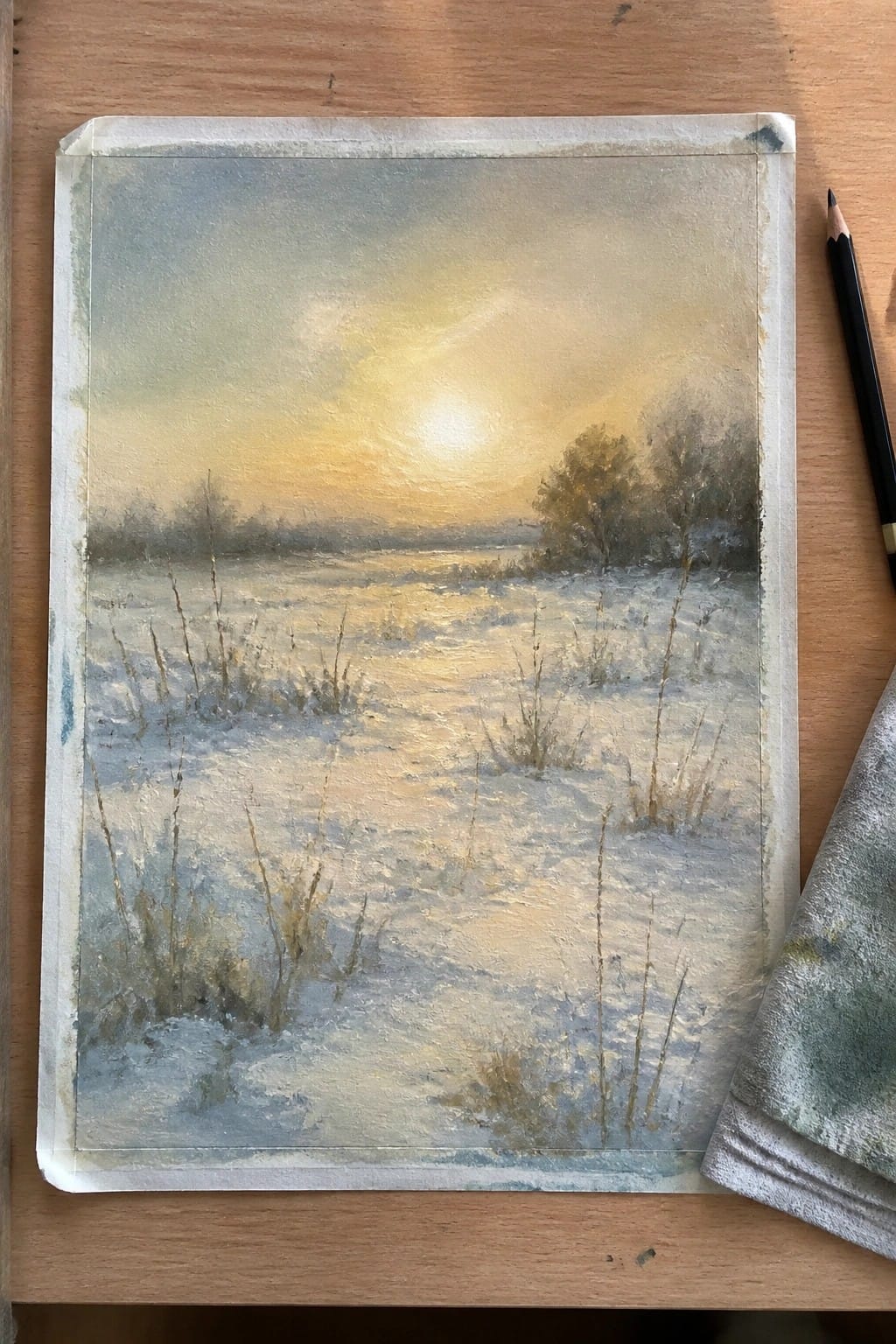Snowy winter landscape painting at sunset on wood table with pencil and cloth