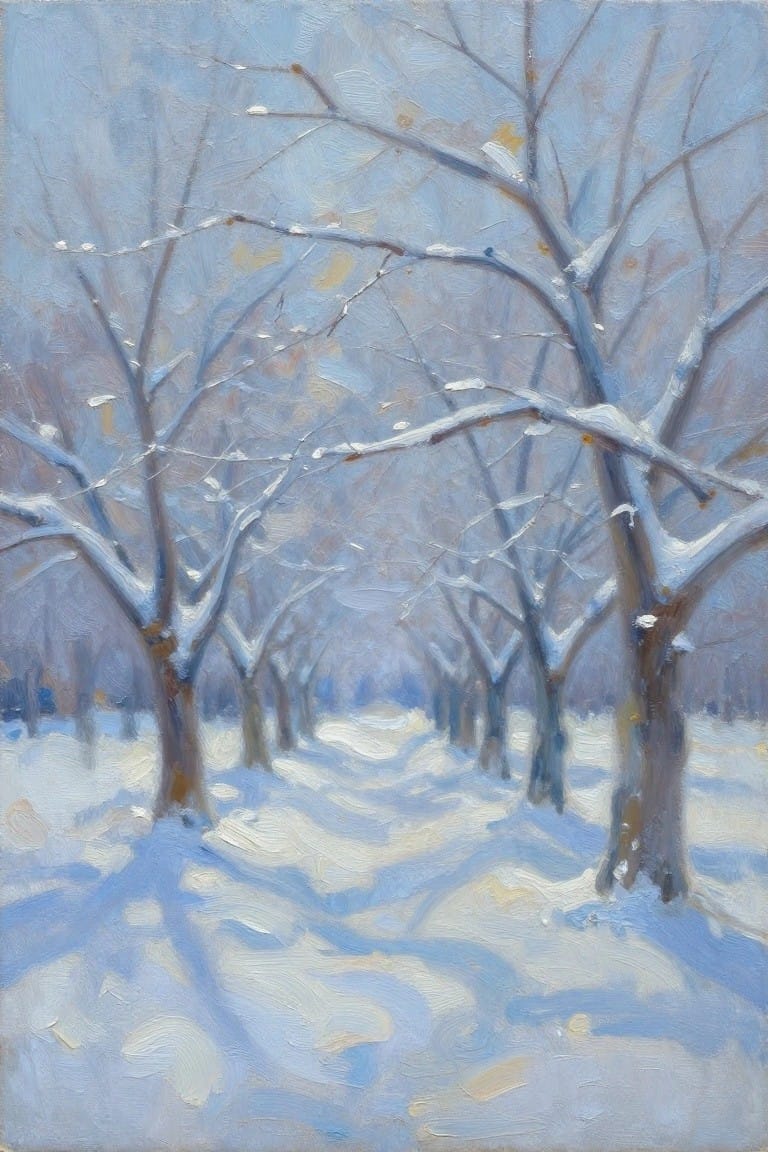An oil painting of a snow-covered path running between leafless trees with blue shadows cast across the ground.