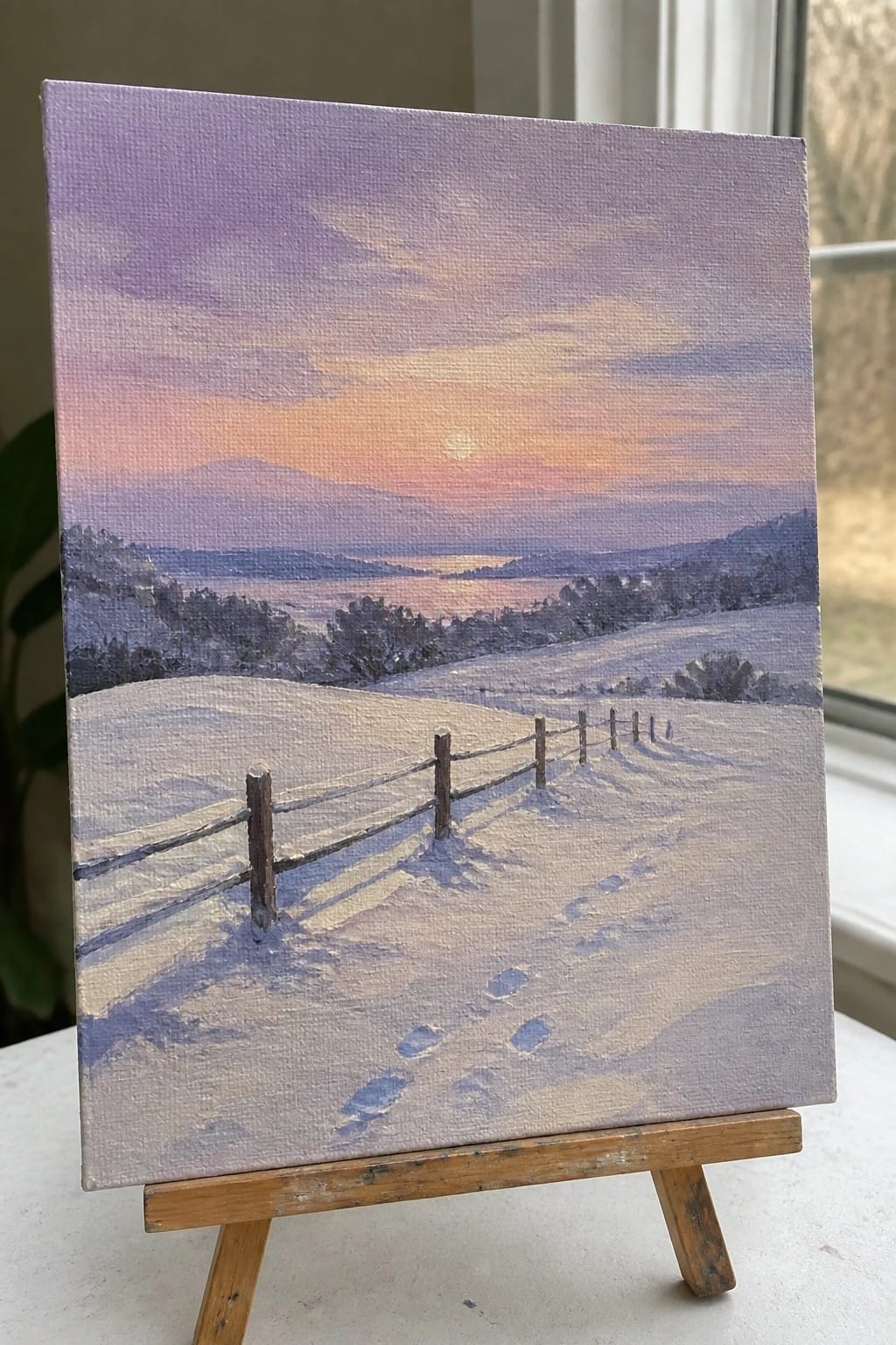 Snowy landscape painting at sunset with fence and footprints on wooden easel.