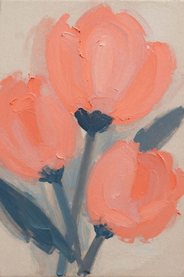 Abstract painting of coral flowers with blue stems and leaves on beige background.