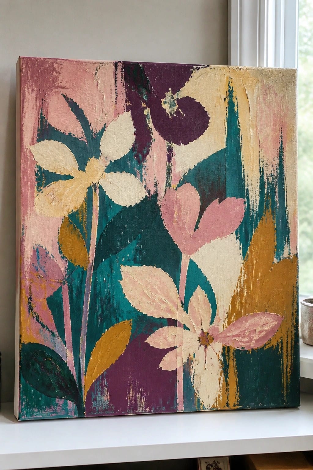 Abstract floral canvas painting with pink, teal, purple, and yellow blooms on windowsill