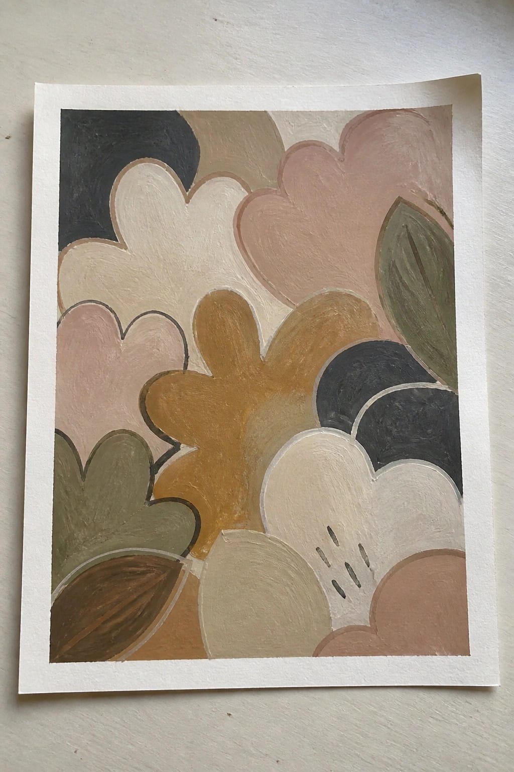 Abstract painting of overlapping scalloped shapes in earthy pink, brown, beige, and green tones.