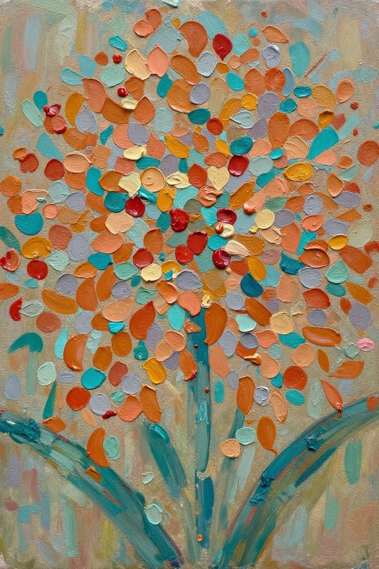 Impasto painting of tree with vibrant multicolored dabs and teal trunk