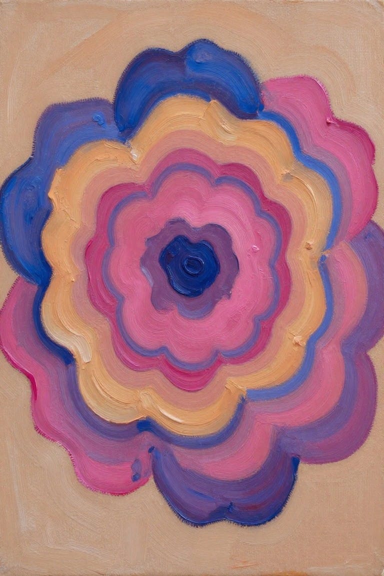 An oil painting of an abstract flower with concentric layers of blue, pink, yellow, and purple on a beige background.