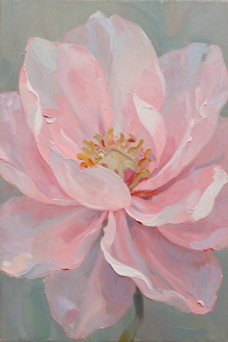 Soft pink peony with layered petals and golden yellow center in oil painting