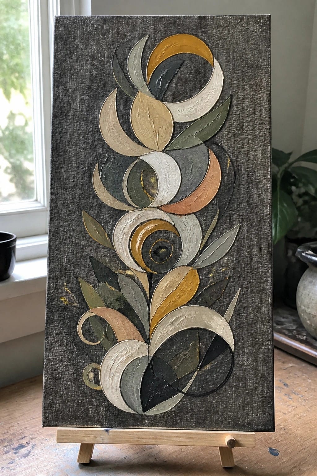 Abstract canvas painting with curved floral shapes in gold, beige and green on wooden easel.