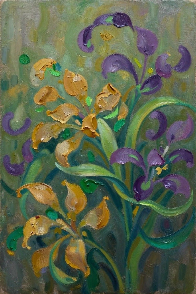 An oil painting of purple and yellow irises with green stems and leaves on a textured green background.