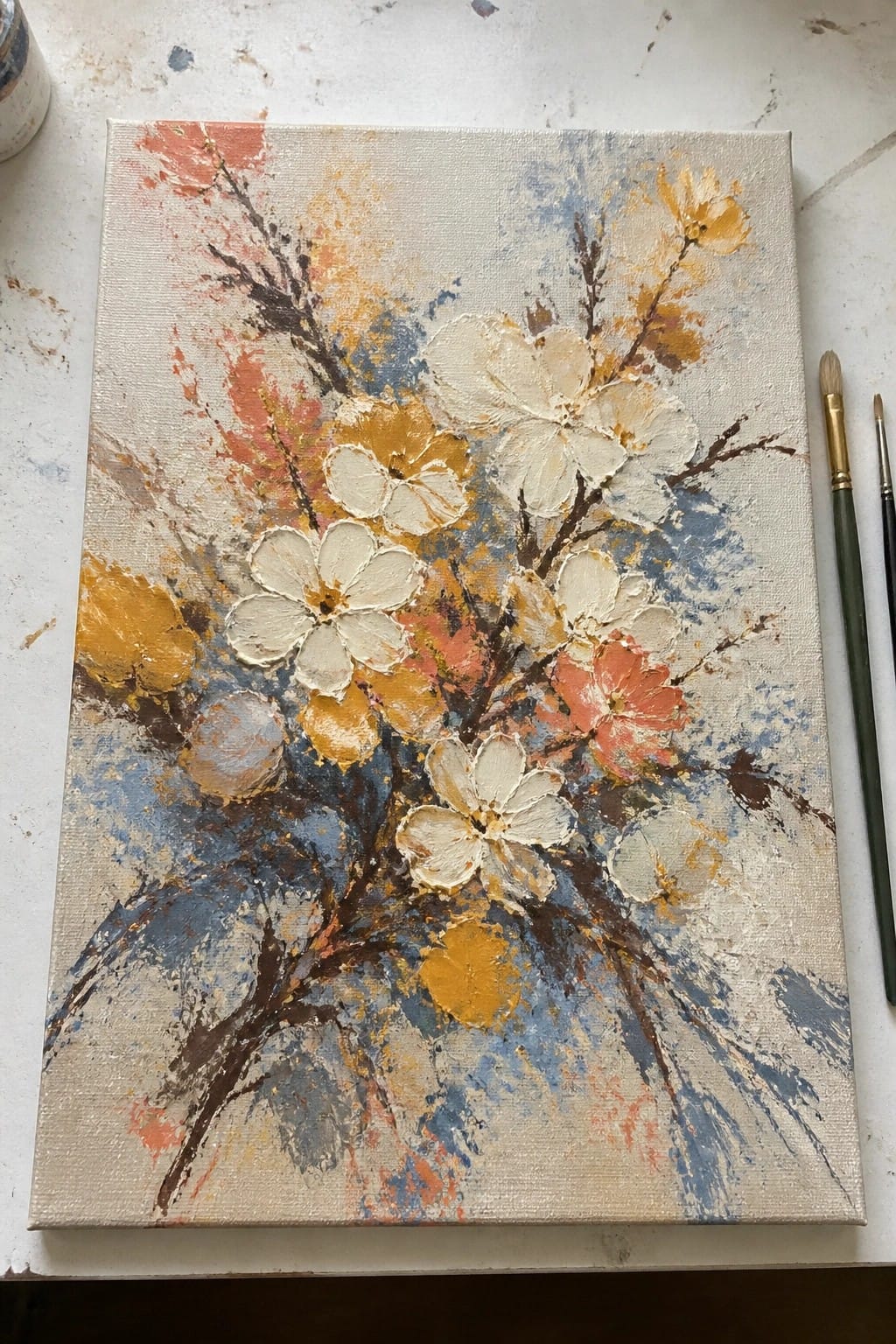 Abstract impasto painting of white and yellow flowers on canvas with paintbrushes nearby
