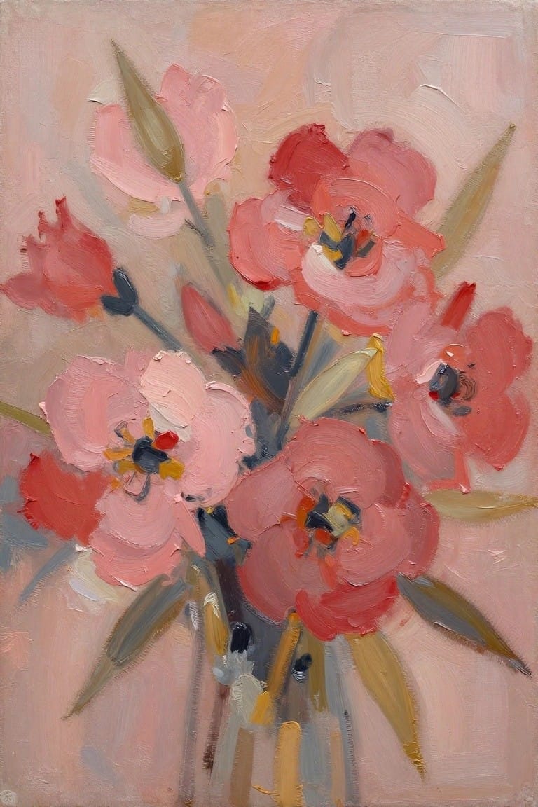 Impressionistic oil painting of pink and red flowers with green leaves and stems.