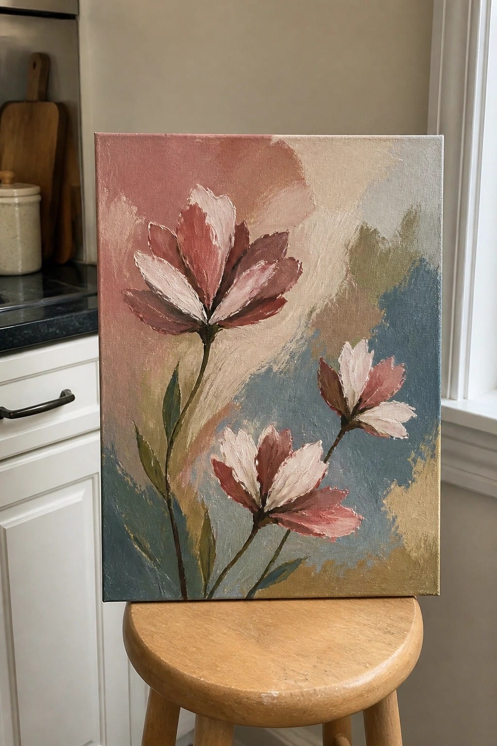 Abstract painting of three large pink flowers on canvas resting on wooden stool.