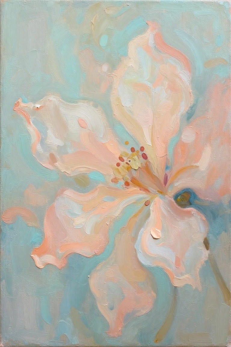 An oil painting of a large peach and pink flower with soft overlapping petals against a light blue-green background.