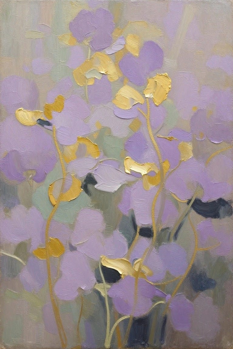Abstract floral painting of purple blooms with golden highlights and textured brushstrokes.