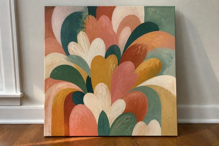 18 Modern Abstract Floral Oil Paintings Centered on Expressive Shapes Abstract painting with organic shapes in orange teal peach and yellow against wall on wood floor