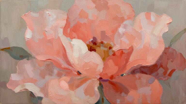 Abstract painting of a pink and red flower with textured brushstrokes on muted green.