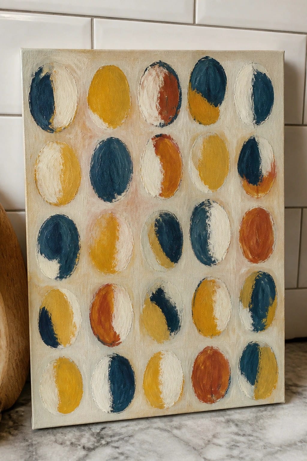 Abstract painting with rows of bicolored ovals in blue, yellow, orange, and white.