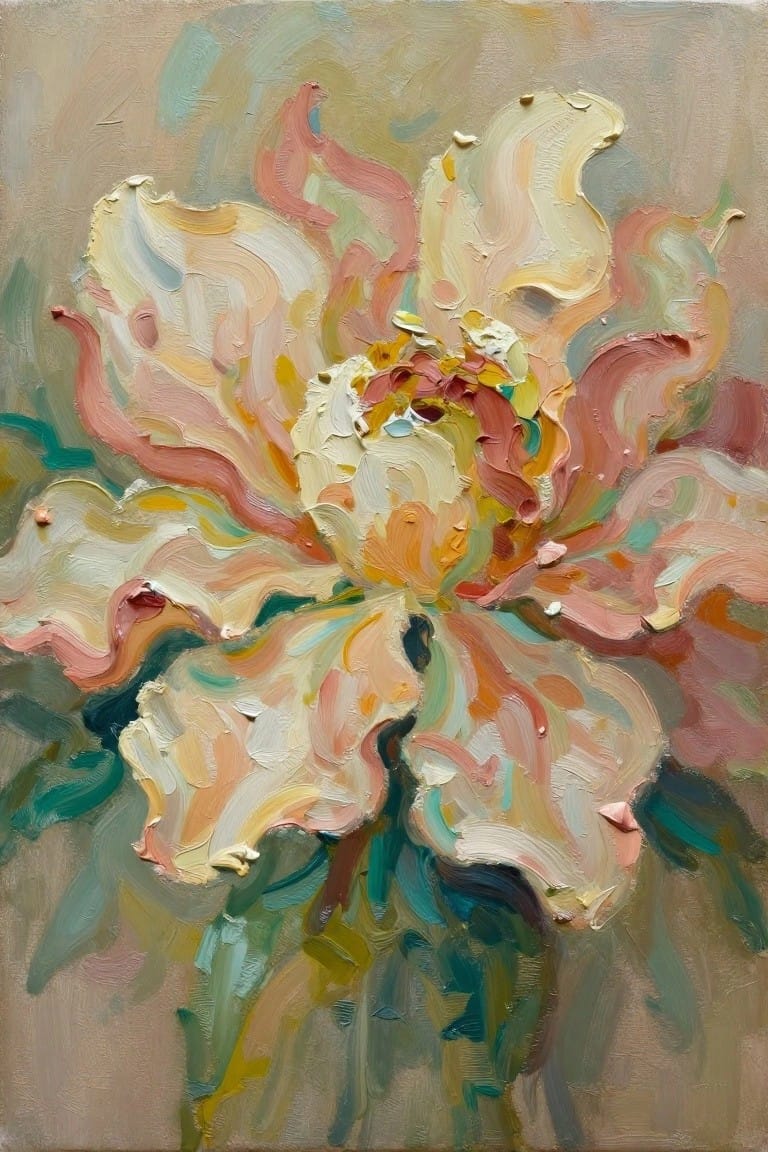 Impasto oil painting of blooming peony with swirling pink, yellow, teal petals.