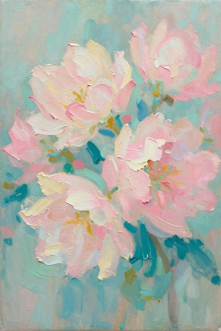 Vibrant oil painting of pink and white flowers with thick brushstrokes on teal background