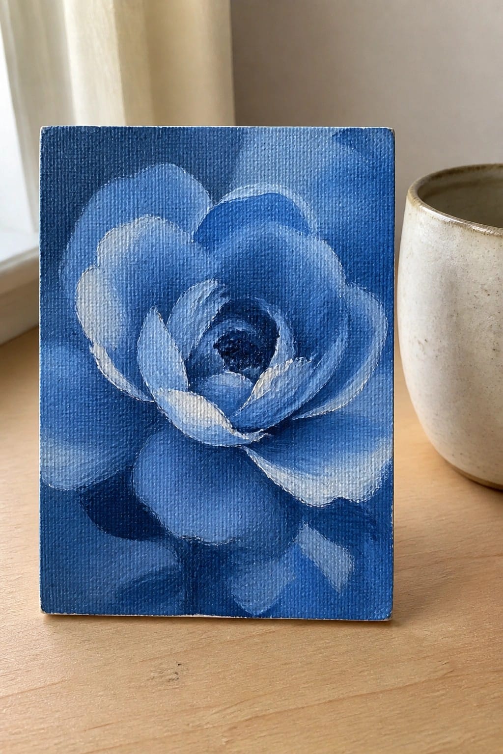 Blue rose painting on canvas beside ceramic cup on wooden table