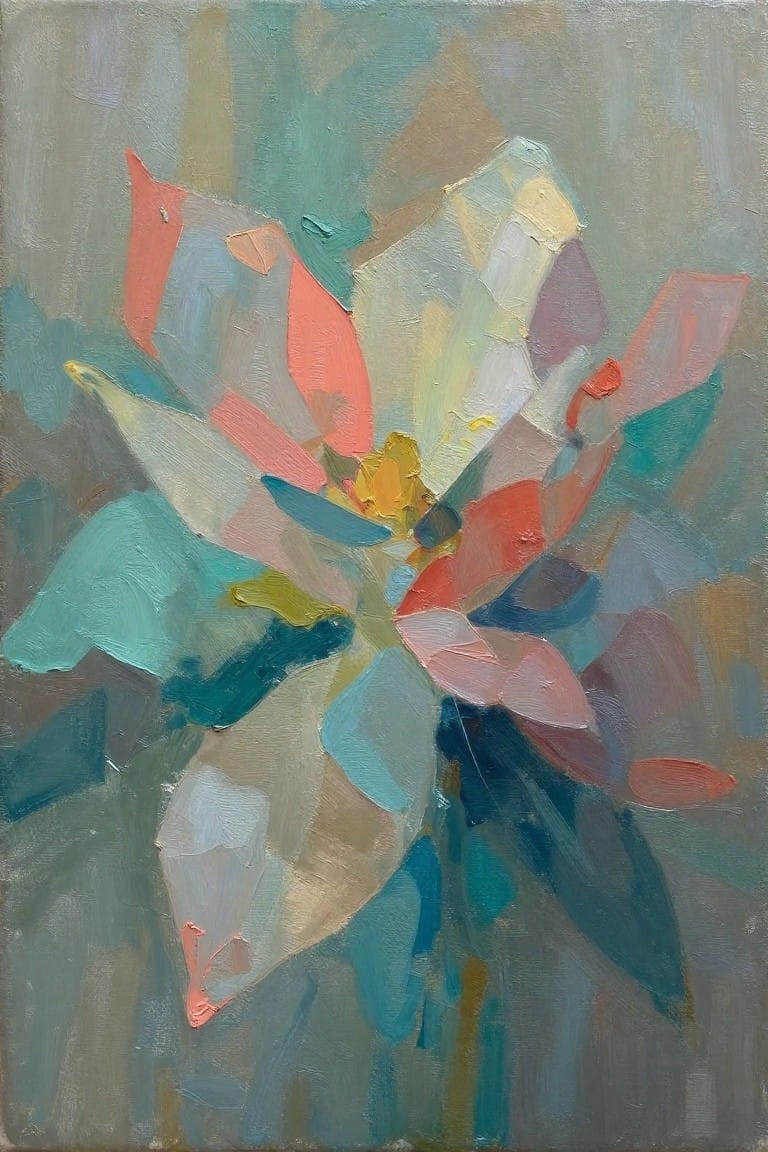 Abstract painting of large flower with pink, teal, blue, and yellow brushstrokes.