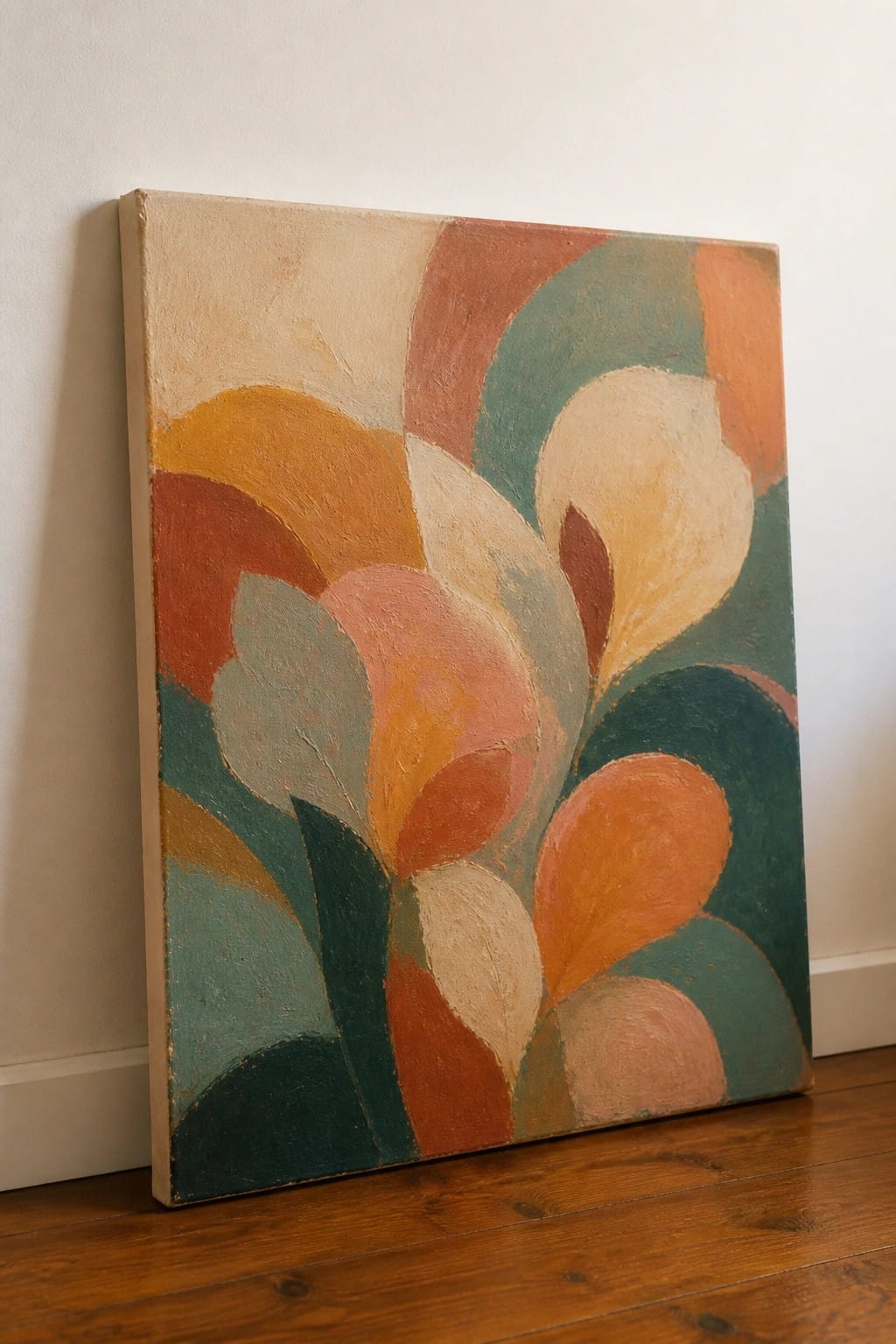 Abstract painting with organic shapes in orange teal peach and yellow against wall on wood floor