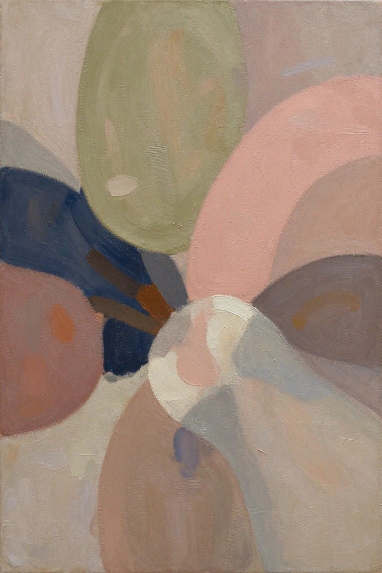 Abstract painting of overlapping curved shapes in soft pastel greens, pinks, and blues.