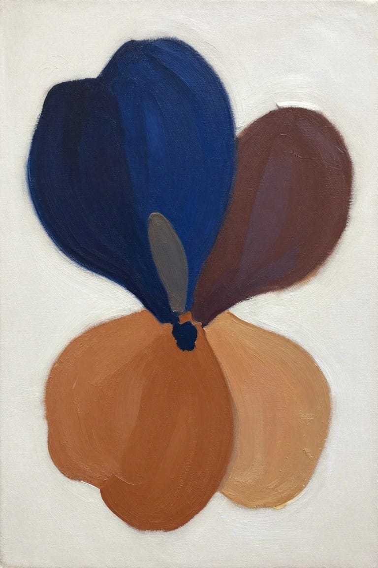 Abstract painting of overlapping blue, brown, and orange organic shapes on white.