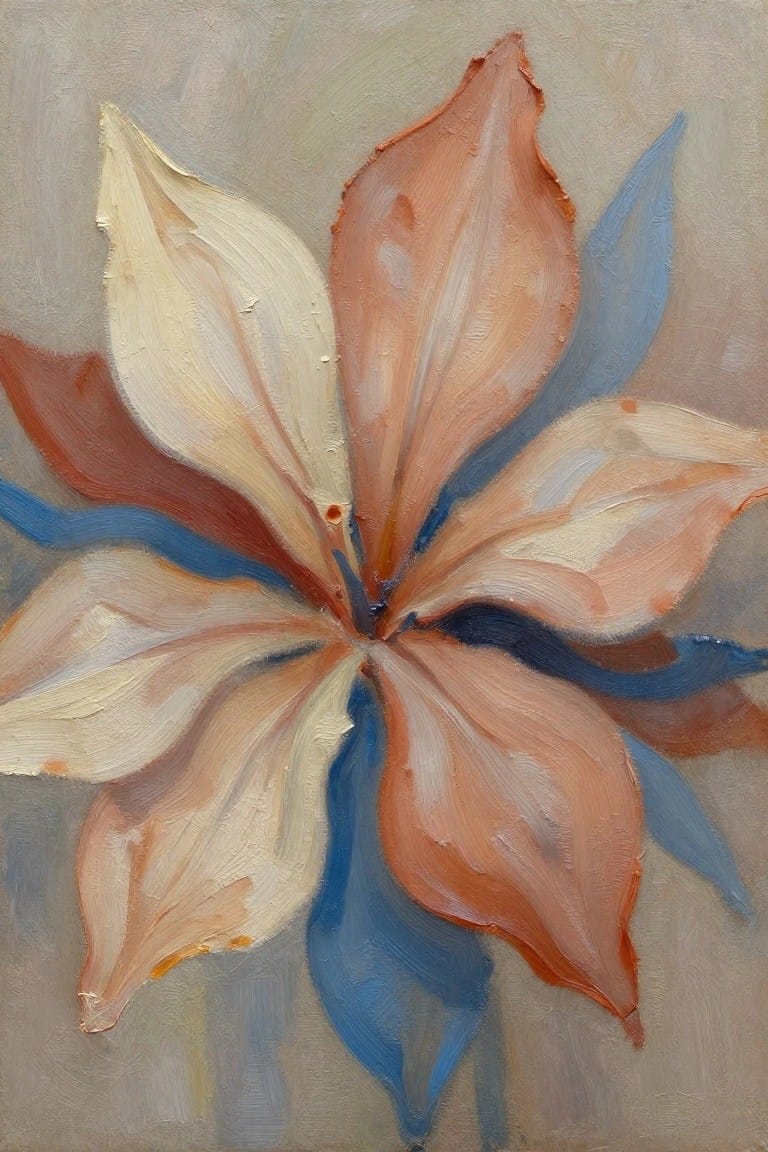 Close-up oil painting of an abstract flower with overlapping cream, peach, orange, and blue petals on a muted gray background.