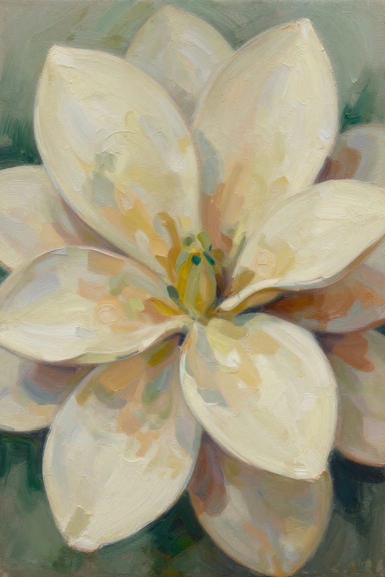 Close-up oil painting of a white magnolia flower with broad petals and soft green background.