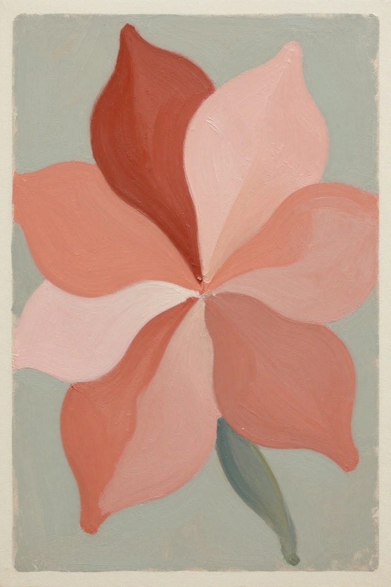 Abstract painting of a pink and red flower with textured brushstrokes on muted green.